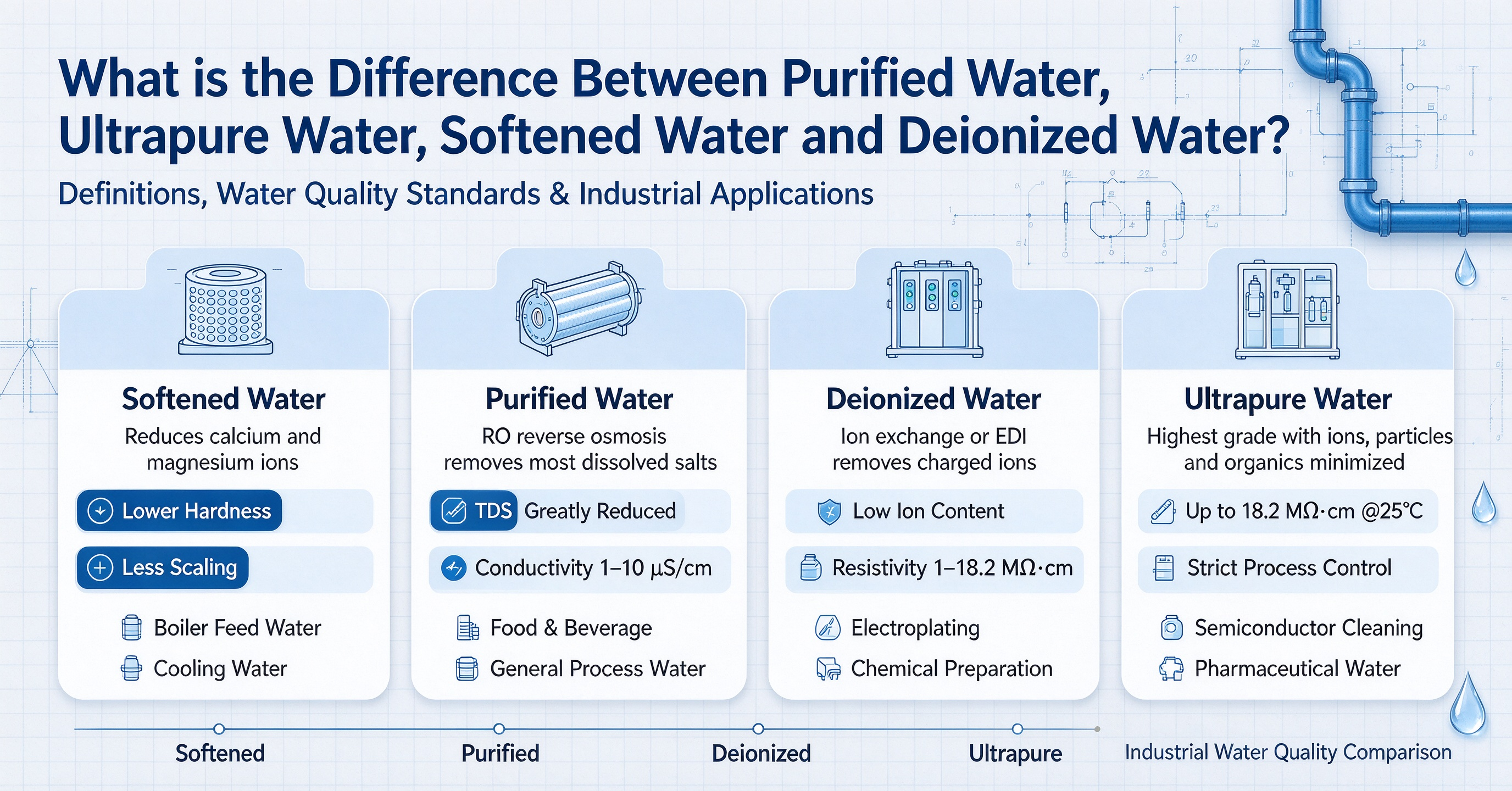 What is the difference between purified water, ultrapure water, softened water and deionized water?